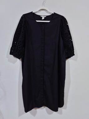H&M Black Cotton Dress Eyelet Sleeve Midi Shift XXL